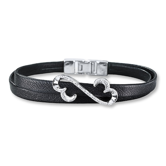 Previously Owned Open Hearts Bracelet Diamond Accents Sterling Silver/Leather