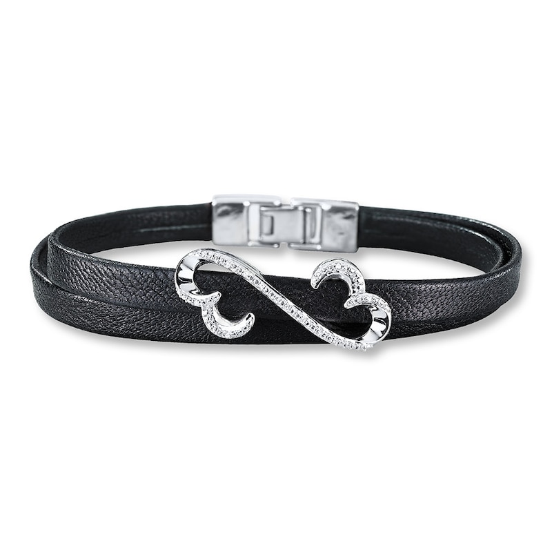 Previously Owned Open Hearts Bracelet Diamond Accents Sterling Silver/Leather