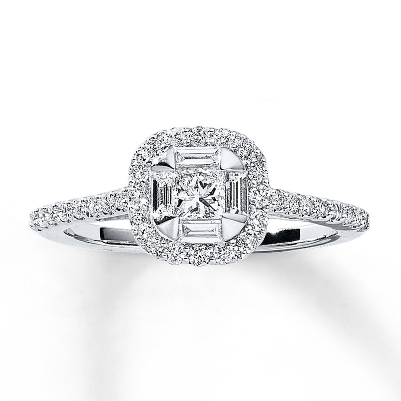 Main Image 1 of Previously Owned Engagement Ring 3/4 ct tw Round & Baguette-cut Diamonds 14K White Gold