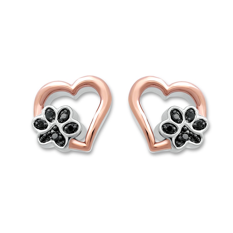 Previously Owned Pet Love Paw Print Earrings Black Diamonds Sterling Silver & 10K Rose Gold