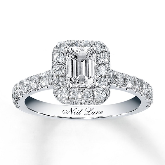 Previously Owned Neil Lane Diamond Engagement Ring 1-3/8 ct tw Emerald & Round-cut 14K White Gold Size