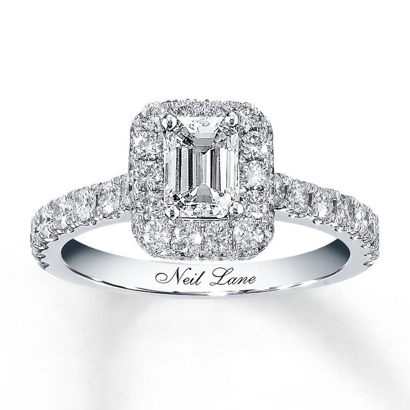 Main Image 1 of Previously Owned Neil Lane Diamond Engagement Ring 1-3/8 ct tw Emerald & Round-cut 14K White Gold - Size 5