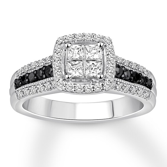 Previously Owned Black/White Diamond Engagement Ring 3/4 ct tw Princess-cut 14K White Gold Size 4.25
