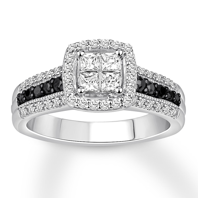 Previously Owned Black/White Diamond Engagement Ring 3/4 ct tw Princess-cut 14K White Gold