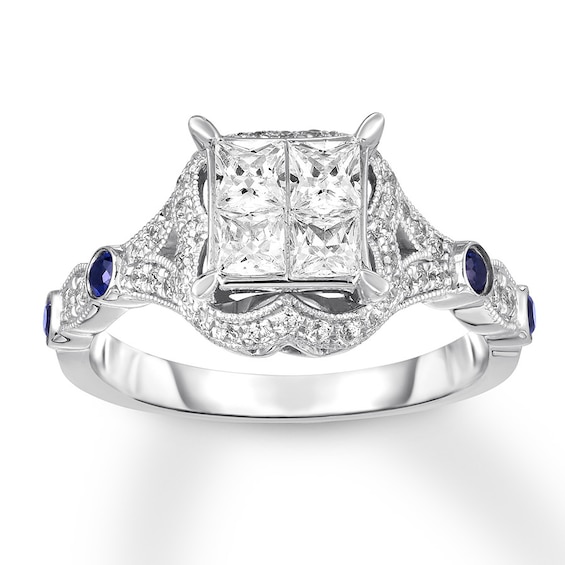 Previously Owned Diamond & Sapphire Engagement Ring 1 ct tw Princess & Round-cut 14K White Gold Size 9.25