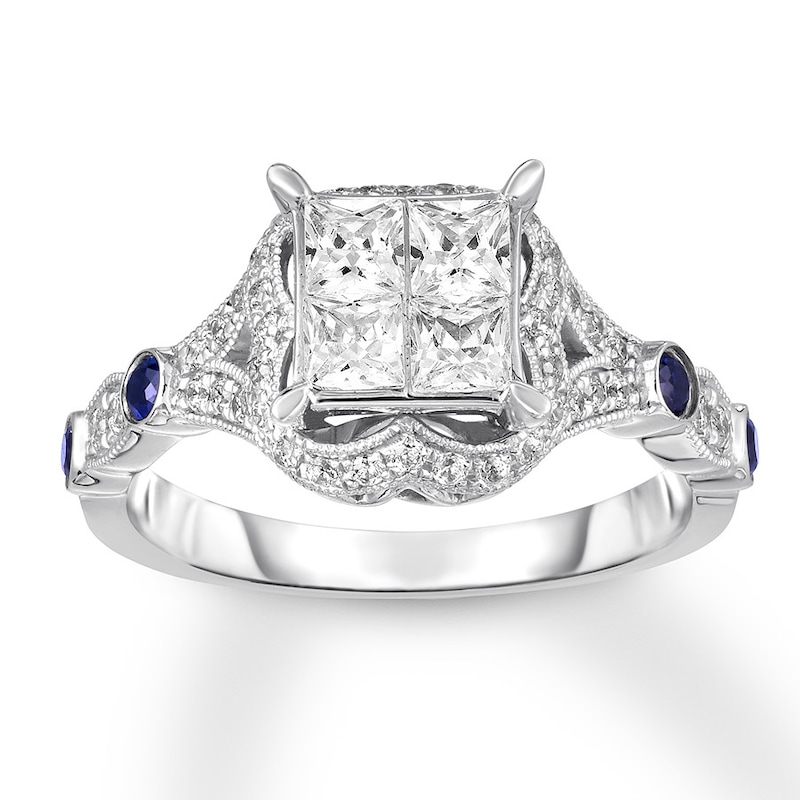 Main Image 1 of Previously Owned Diamond & Sapphire Engagement Ring 1 ct tw Princess & Round-cut 14K White Gold Size 9.25