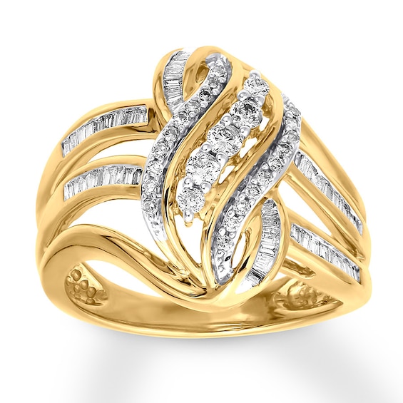 Previously Owned Diamond Ring 1/2 ct tw Round & Baguette 10K Yellow Gold Size 9.5