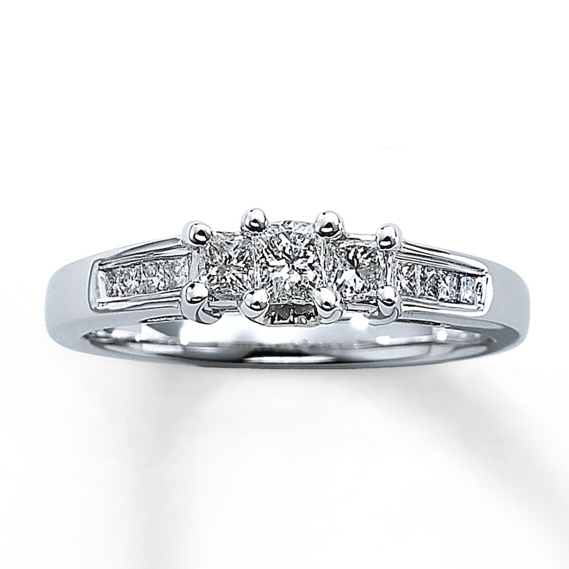 Previously Owned Three-Stone Diamond Ring 1/2 ct tw Princess-Cut 14K White Gold - Size 10