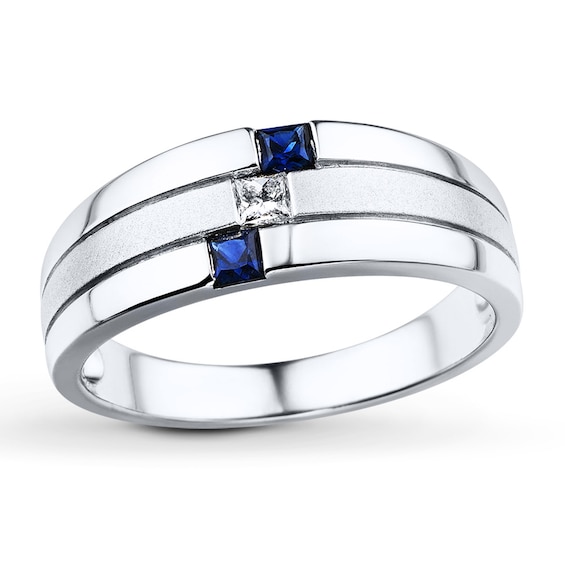 Previously Owned Men's Sapphire Ring 1/10 ct tw Square-cut Diamond 10K White Gold Size 5.5