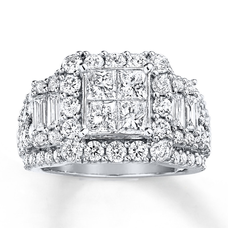Previously Owned Engagement Ring 3-1/2 ct tw Princess, Baguette & Round-cut Diamonds 14K White Gold