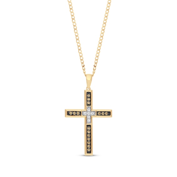 Previously Owned Men's Brown and White Round-Cut Diamond Cross Necklace 3/8 ct tw 10K Yellow Gold 22"