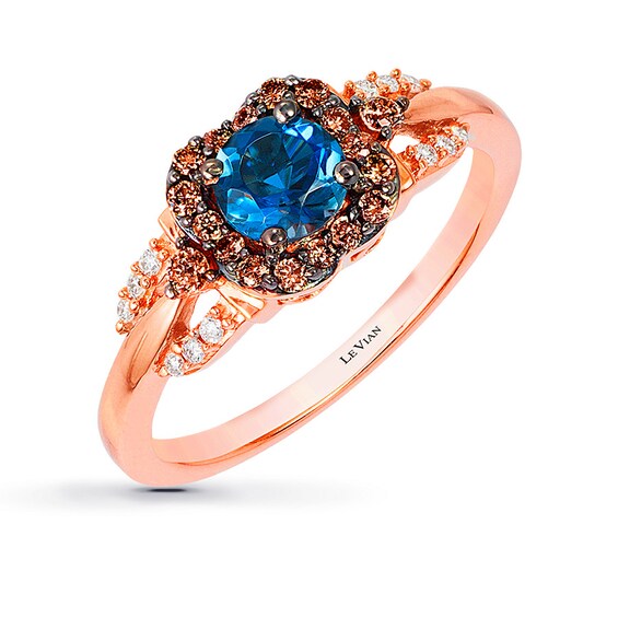 Previously Owned Le Vian Blue Topaz 1/5 ct tw Round-cut Diamonds 14K Strawberry Gold Ring Size