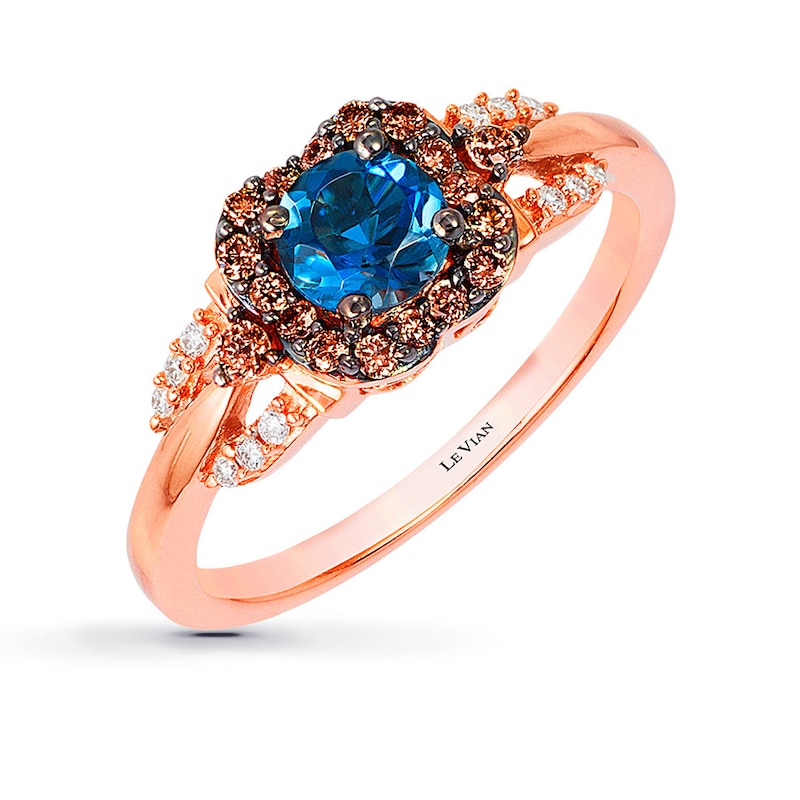 Main Image 1 of Previously Owned Le Vian Blue Topaz 1/5 ct tw Round-cut Diamonds 14K Strawberry Gold Ring - Size 9.25