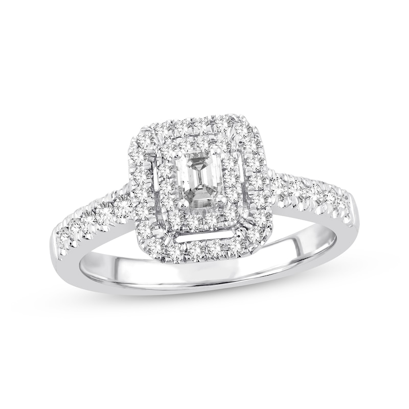 Main Image 1 of Previously Owned Diamond Engagement Ring 1/2 ct tw Emerald & Round-cut 14K White Gold