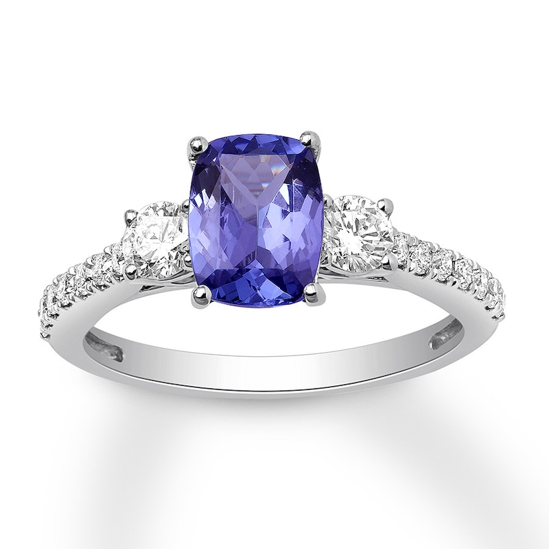 Main Image 1 of Previously Owned Tanzanite Three-Stone Ring 1/2 ct tw Round-cut Diamonds 14K White Gold
