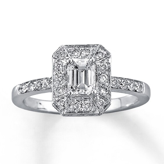 Previously Owned Diamond Engagement Ring 1 ct tw Emerald & Round-cut 14K White Gold 4.25