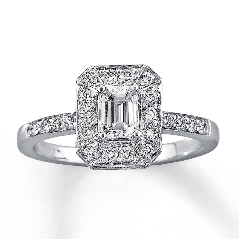 Main Image 1 of Previously Owned Diamond Engagement Ring 1 ct tw Emerald & Round-cut 14K White Gold - Size 4.25