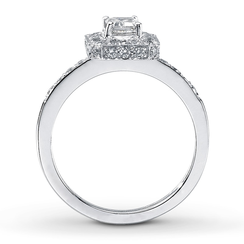 Main Image 2 of Previously Owned Diamond Engagement Ring 1 ct tw Emerald & Round-cut 14K White Gold - Size 4.25