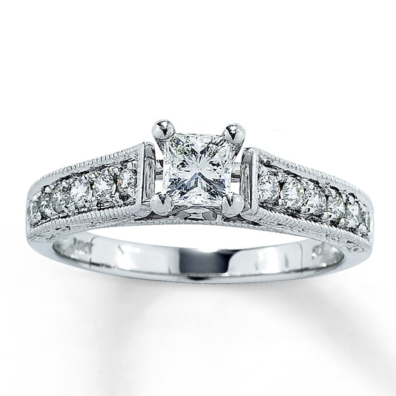 Previously Owned Diamond Engagement Ring 3/4 ct tw Princess & Round-cut 14K White Gold Size 3.5