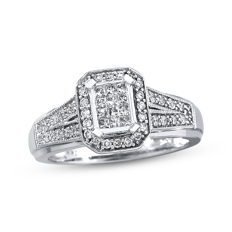 Main Image 1 of Previously Owned Diamond Engagement Ring 1/3 ct tw Princess/Round-cut 10K White Gold - Size 9.75