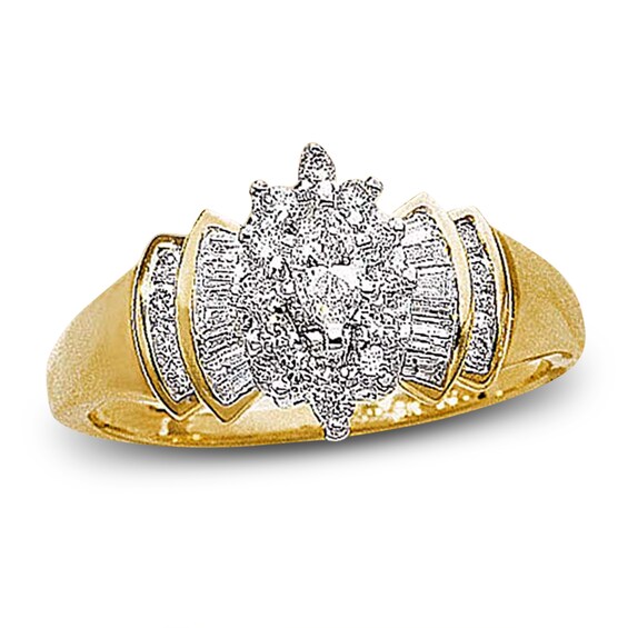 Previously Owned Multi-Stone Diamond Engagement Ring 1/2 ct tw Marquise, Baguette & Round-cut 14K Yellow Gold Size 4