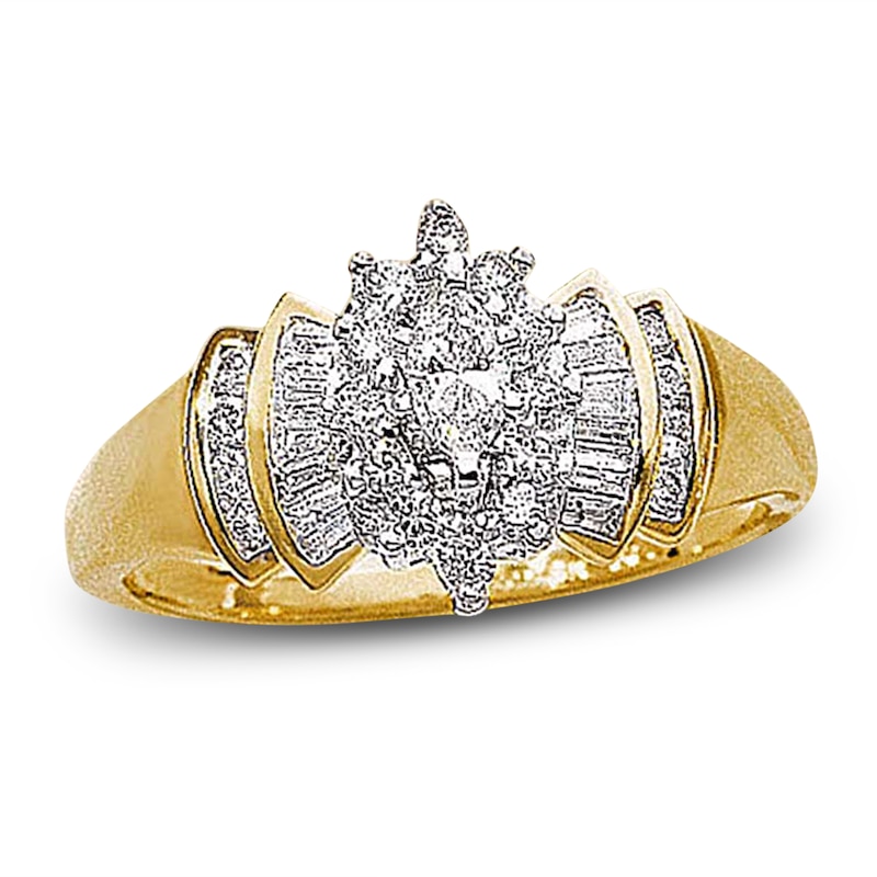 Main Image 1 of Previously Owned Multi-Stone Diamond Engagement Ring 1/2 ct tw Marquise, Baguette & Round-cut 14K Yellow Gold - Size 4