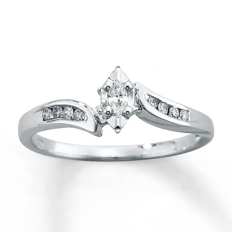Main Image 1 of Previously Owned Engagement Ring 1/8 ct tw Marquise & Round-cut Diamonds 10K White Gold - Size 10