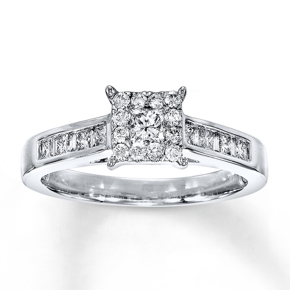 Previously Owned Diamond Engagement Ring 5/8 ct tw Princess, Round & Baguette-cut 14K White Gold Size 4