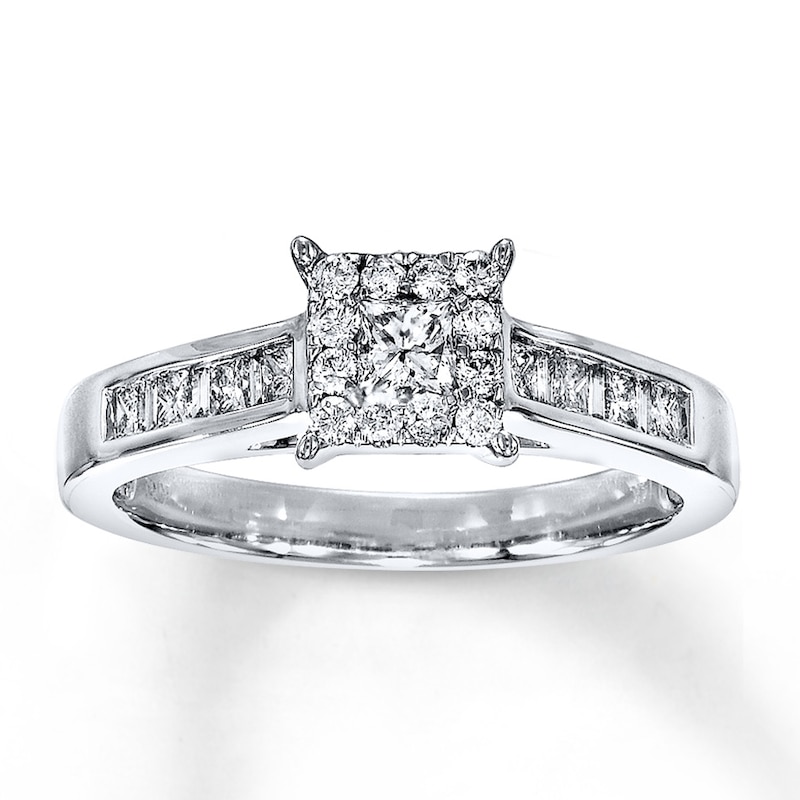 Previously Owned Diamond Engagement Ring 5/8 ct tw Princess, Round & Baguette-cut 14K White Gold