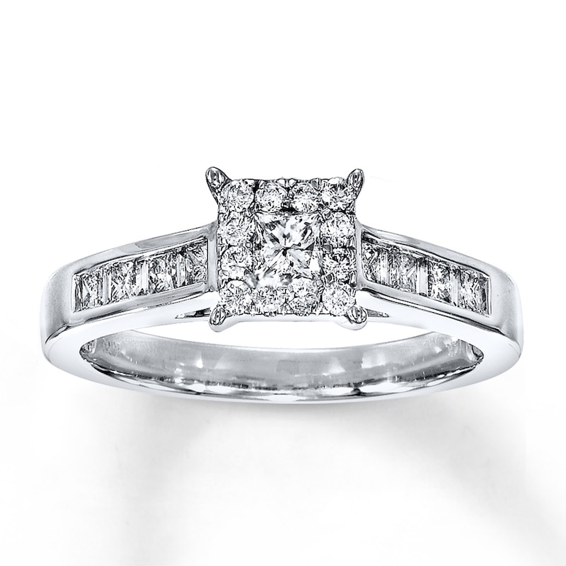 Main Image 1 of Previously Owned Diamond Engagement Ring 5/8 ct tw Princess, Round & Baguette-cut 14K White Gold - Size 4