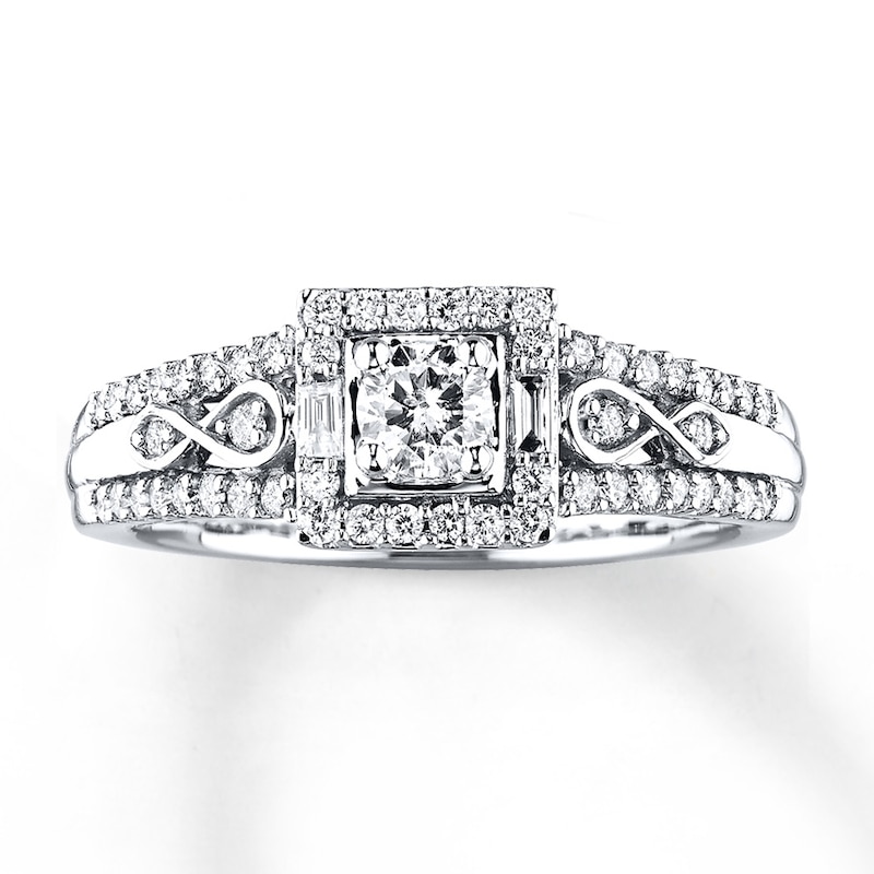 Main Image 1 of Previously Owned Infinity Engagement Ring 1/2 ct tw Round & Baguette-cut Diamonds 10K White Gold - Size 10.5