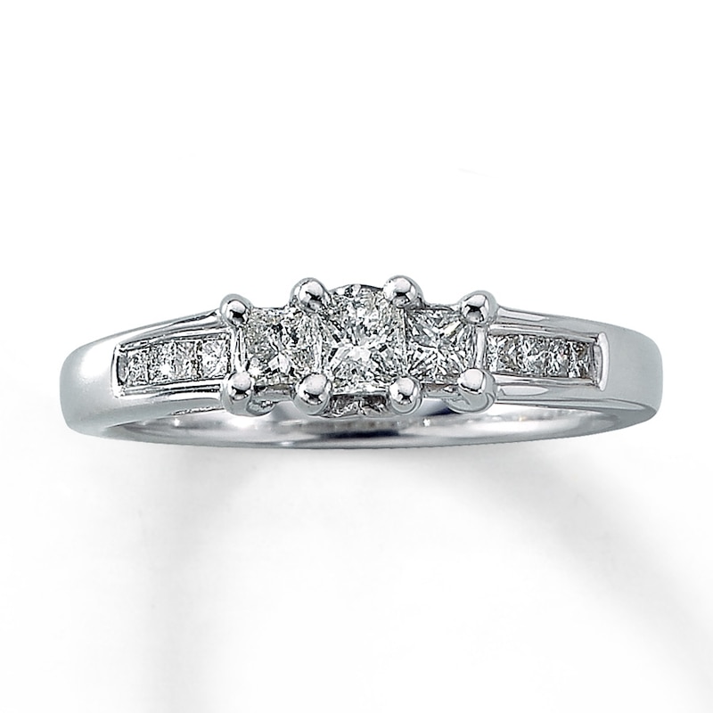 Main Image 1 of Previously Owned 3-Stone Engagement Ring 1/2 ct tw Princess-cut Diamonds 14K White Gold - Size 10.5