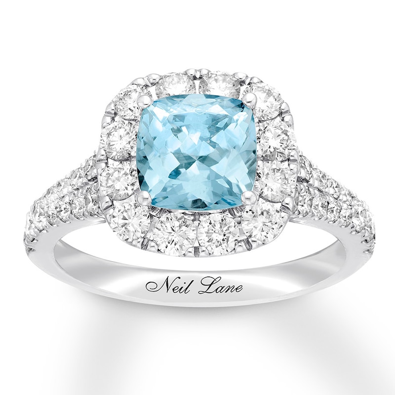 Main Image 1 of Previously Owned Neil Lane Aquamarine Engagement Ring 1-1/4 ct tw Round-cut Diamonds 14K White Gold - Size 4.75