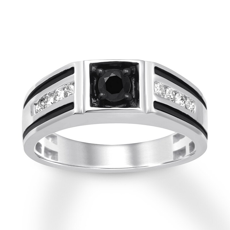 Main Image 1 of Previously Owned Men's Black & White Diamond Ring 3/4 ct tw Round-cut 10K White Gold - Size 6.5