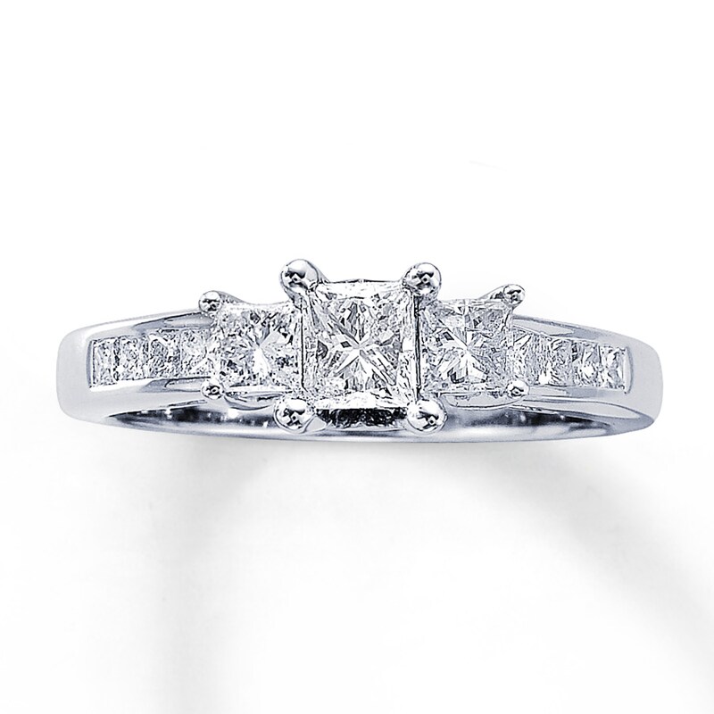 Main Image 1 of Previously Owned Three-Stone Diamond Ring 1 ct tw Princess-cut 14K White Gold - Size 3.75