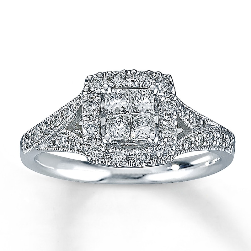 Main Image 1 of Previously Owned Diamond Engagement Ring 1/2 ct tw Princess & Round-cut Diamonds 14K White Gold Size 4.75