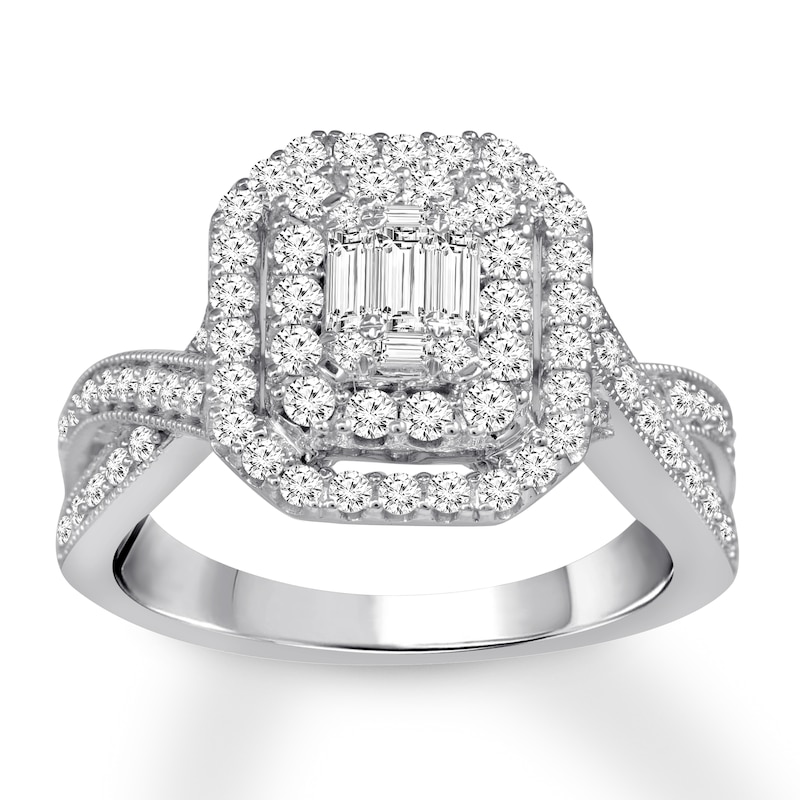 Main Image 1 of Previously Owned Diamond Engagement Ring 1 ct tw Baguette & Round-cut 14K White Gold