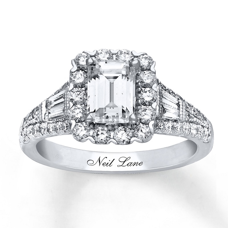 Previously Owned Neil Lane Engagement Ring 1-7/8 ct tw Emerald, Baguette & Round-cut Diamonds 14K White Gold - Size 4.25