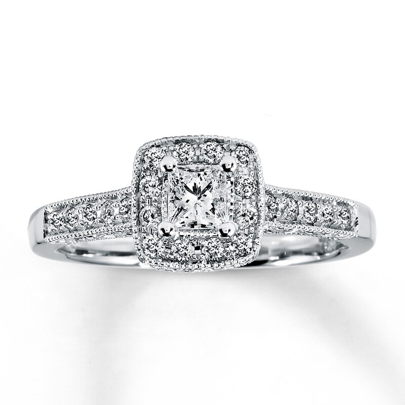 Previously Owned Diamond Engagement Ring 1/2 ct tw Princess & Round-cut 14K White Gold - Size 10.75