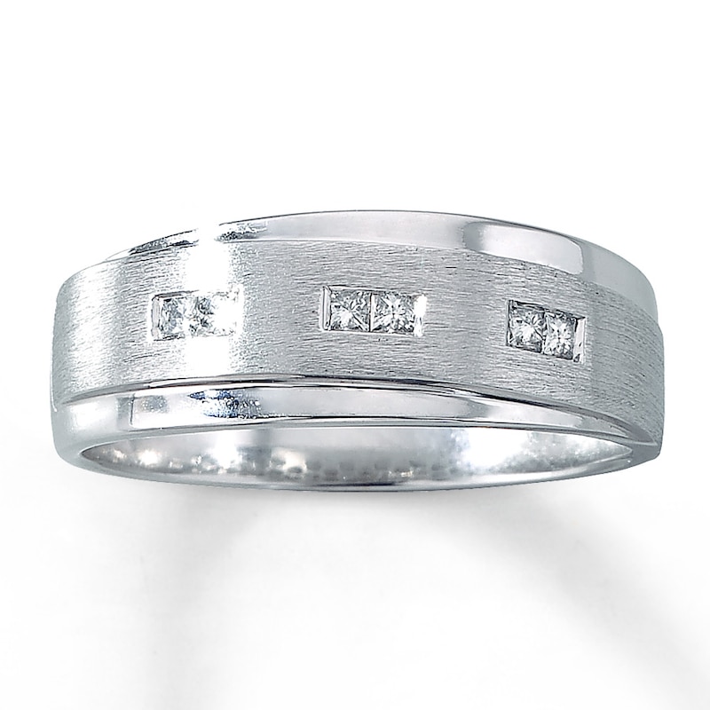 Main Image 1 of Previously Owned Men's Diamond Wedding Band 1/6 ct tw Square-cut 10K White Gold - Size 8