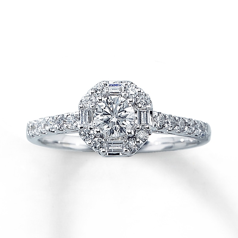 Main Image 1 of Previously Owned Engagement Ring 5/8 ct tw Round & Baguette-cut Diamonds 14K White Gold - Size 4