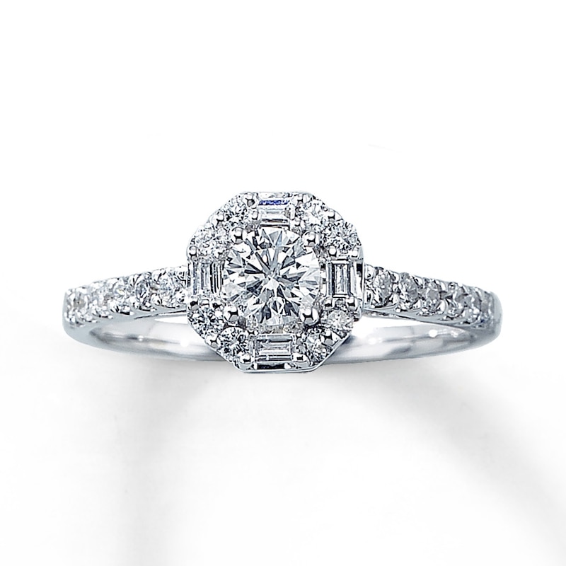 Previously Owned Engagement Ring 5/8 ct tw Round & Baguette-cut Diamonds 14K White Gold - Size 4