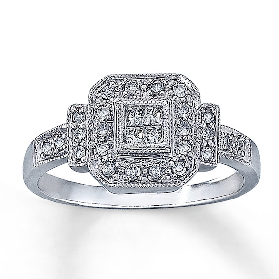 Previously Owned Ring 1/4 ct tw Princess & Round-cut Diamonds 10K White Gold Size 4.25