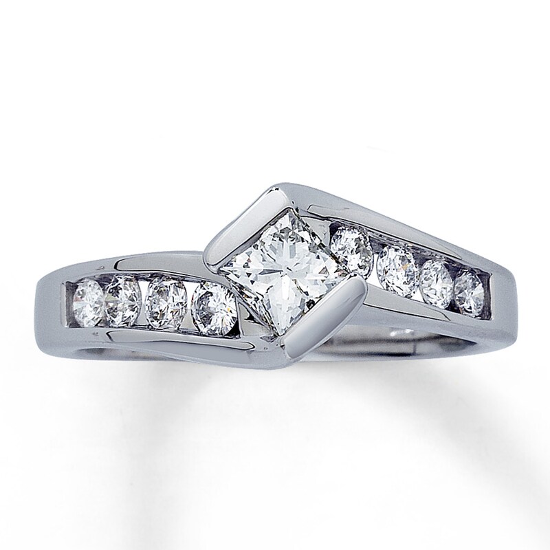 Main Image 1 of Previously Owned Engagement Ring 1 ct tw Princess & Round-cut Diamonds 14K White Gold - Size 3.75