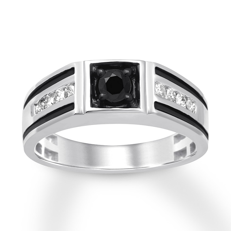 Main Image 1 of Previously Owned Men's Black & White Diamond Wedding Band 3/4 ct tw Round-cut 10K White Gold - Size 14.25