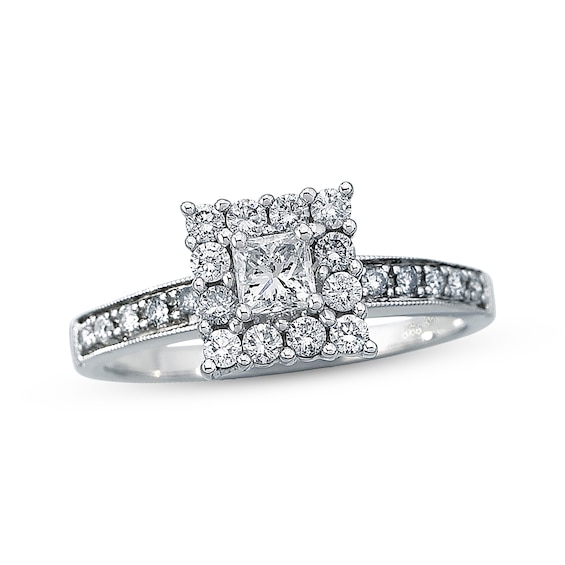 Previously Owned Diamond Engagement Ring 5/8 ct tw Princess & Round-cut 14K White Gold Size 3.75