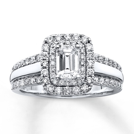 Previously Owned Diamond Engagement Ring 1-1/2 ct tw Emerald & Round-cut 14K White Gold Size 4