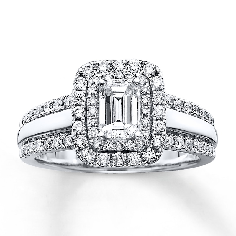 Main Image 1 of Previously Owned Diamond Engagement Ring 1-1/2 ct tw Emerald & Round-cut 14K White Gold Size 4