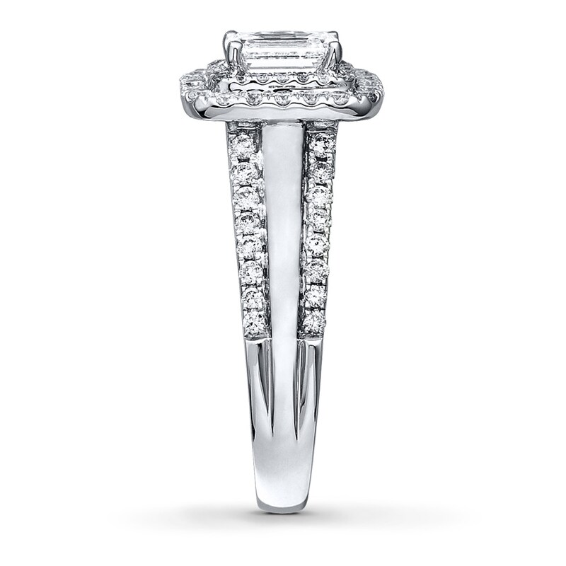 Main Image 3 of Previously Owned Diamond Engagement Ring 1-1/2 ct tw Emerald & Round-cut 14K White Gold Size 4