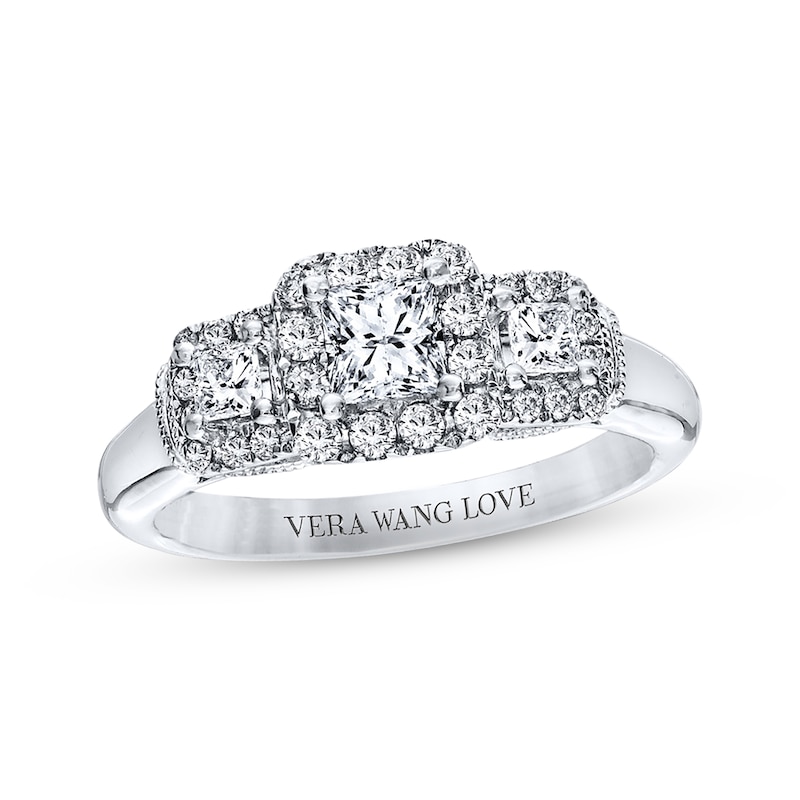 Main Image 1 of Previously Owned Diamond & Sapphire Engagement Ring 3/4 ct tw Princess & Round-cut 14K White Gold - Size 4